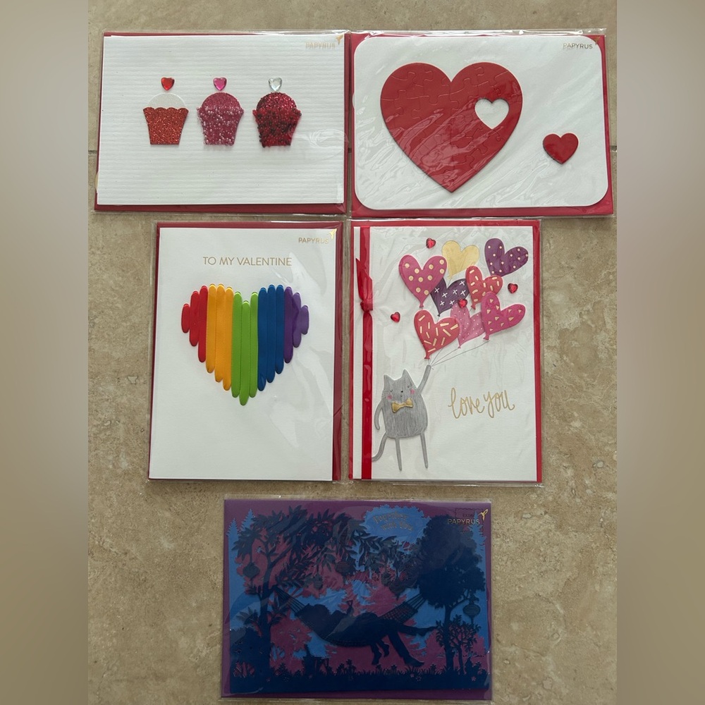 NWT Lot of 5 Papyrus Valentine's Day Cards Holiday Card Love Romance Hearts Cake